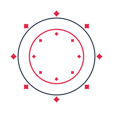 A circular emblem with 8 diamond motifs, fine concentric rings and a double orbit structure.