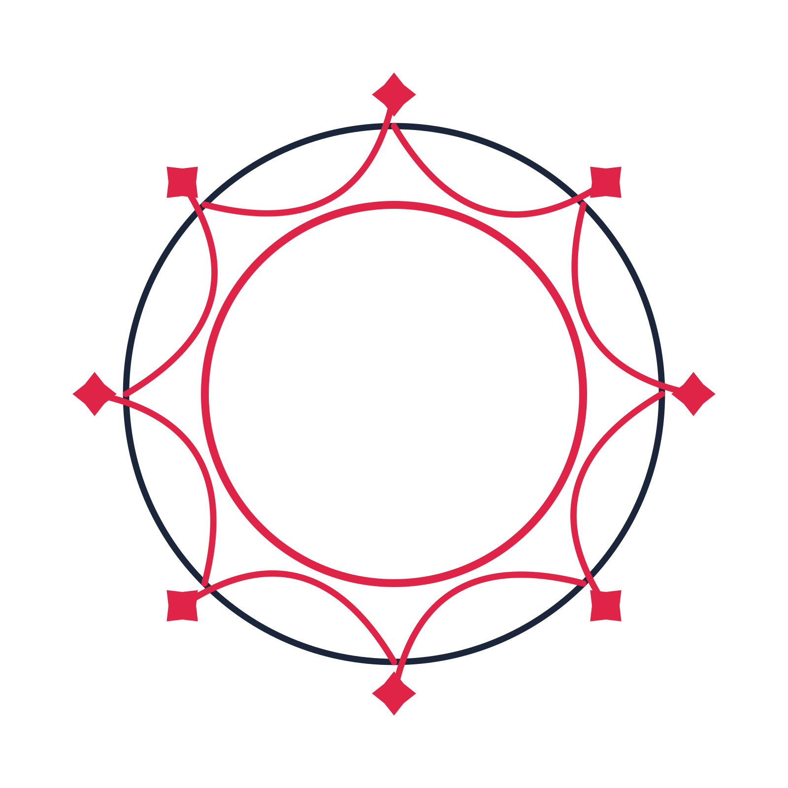 A circular emblem with 8 diamond motifs, fine concentric rings and a interlaced structure.