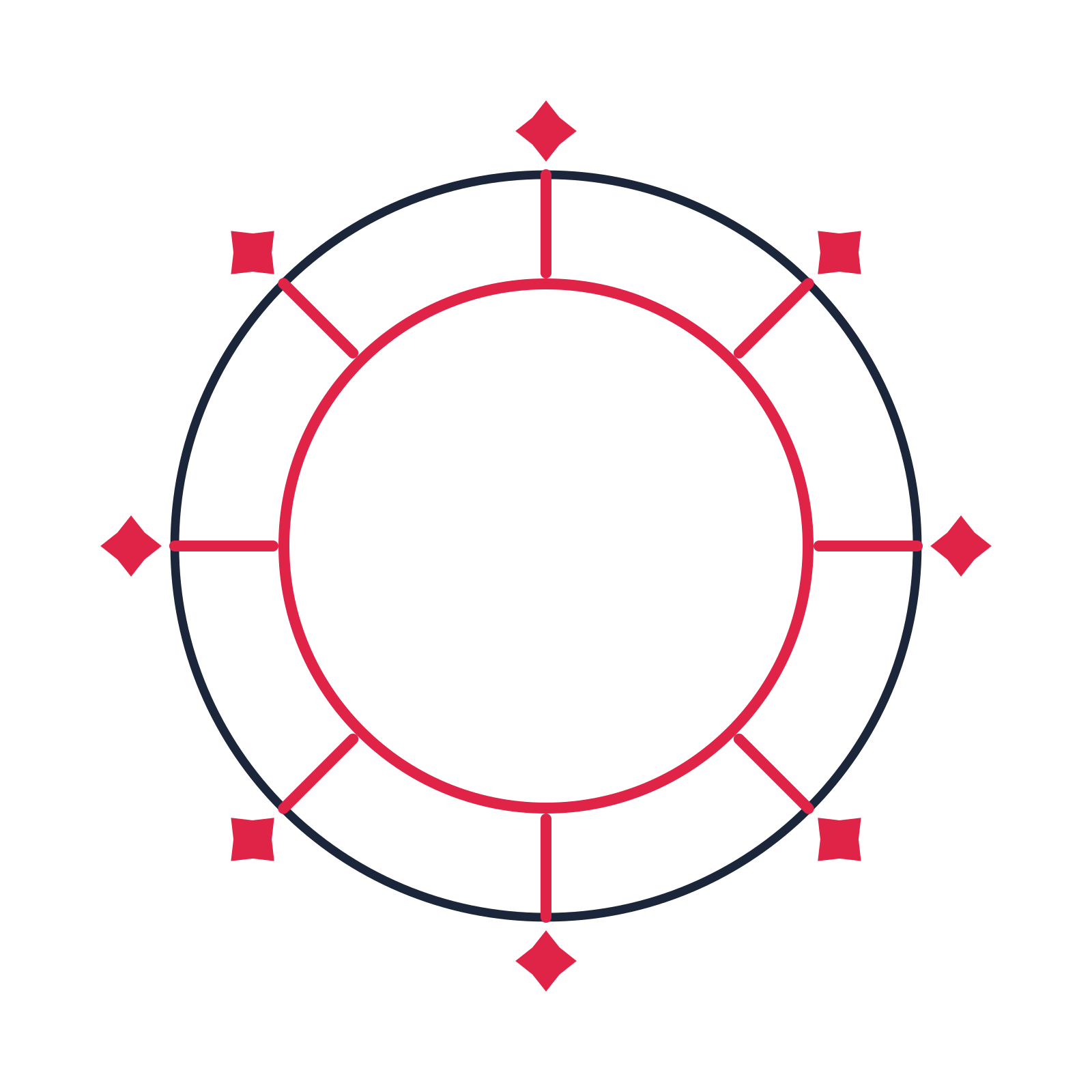 A circular emblem with 8 diamond motifs, fine concentric rings and a spokes structure.
