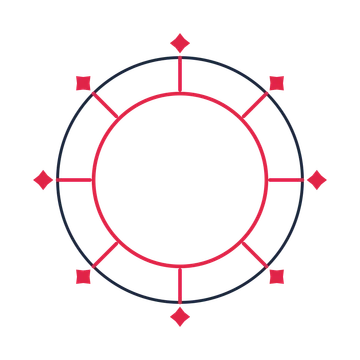 A circular emblem with 8 diamond motifs, fine concentric rings and a spokes structure.