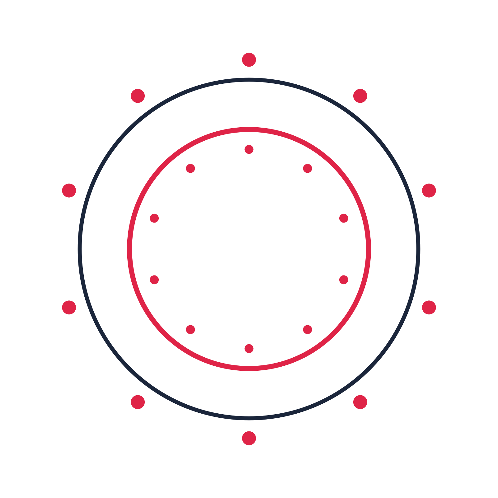 A circular emblem with 10 dot motifs, fine concentric rings and a double orbit structure.