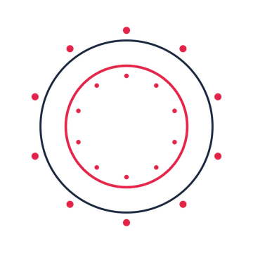 A circular emblem with 10 dot motifs, fine concentric rings and a double orbit structure.