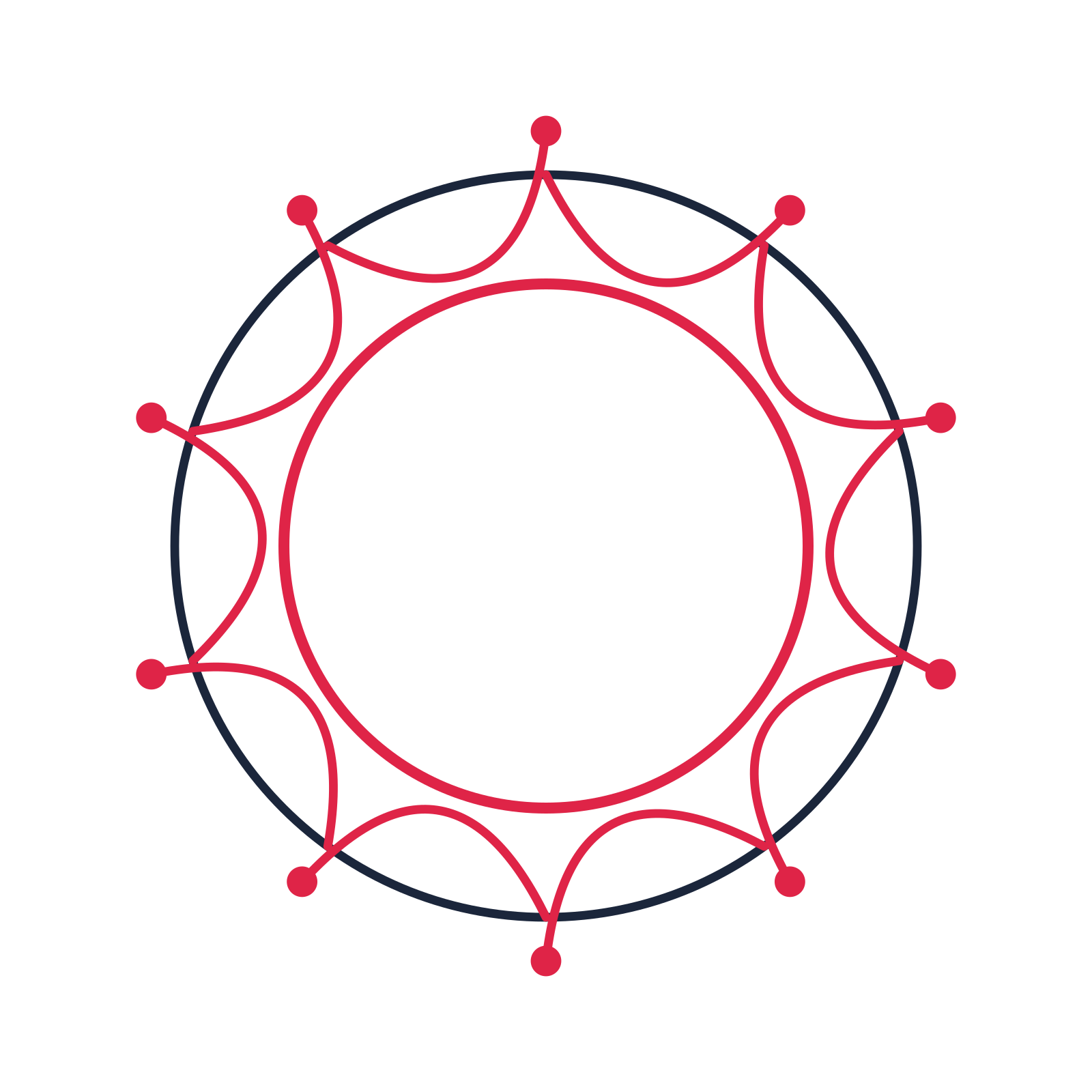 A circular emblem with 10 dot motifs, fine concentric rings and a interlaced structure.