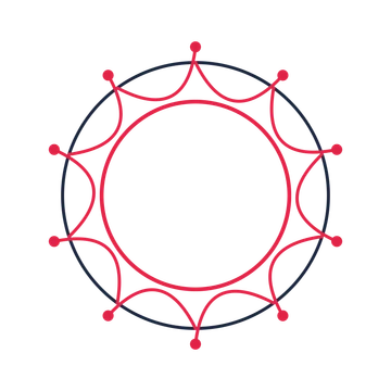 A circular emblem with 10 dot motifs, fine concentric rings and a interlaced structure.