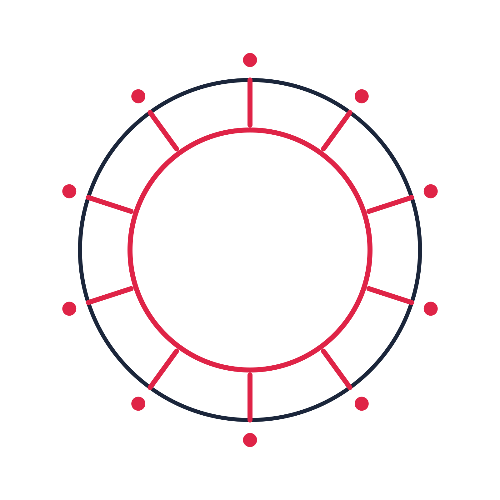 A circular emblem with 10 dot motifs, fine concentric rings and a spokes structure.