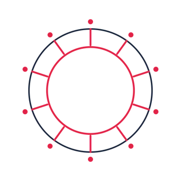 A circular emblem with 10 dot motifs, fine concentric rings and a spokes structure.