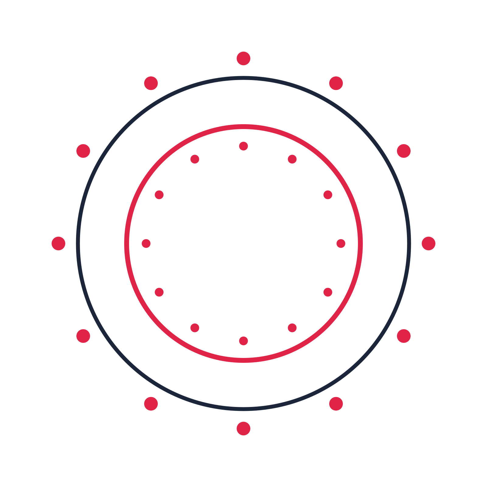 A circular emblem with 12 dot motifs, fine concentric rings and a double orbit structure.