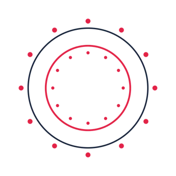 A circular emblem with 12 dot motifs, fine concentric rings and a double orbit structure.