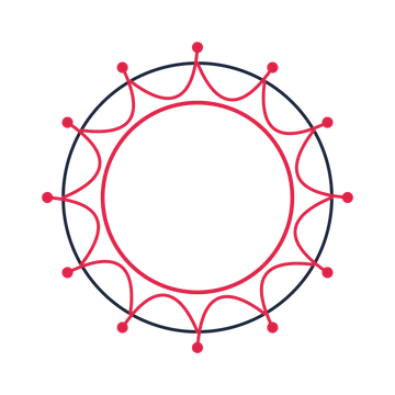 A circular emblem with 12 dot motifs, fine concentric rings and a interlaced structure.