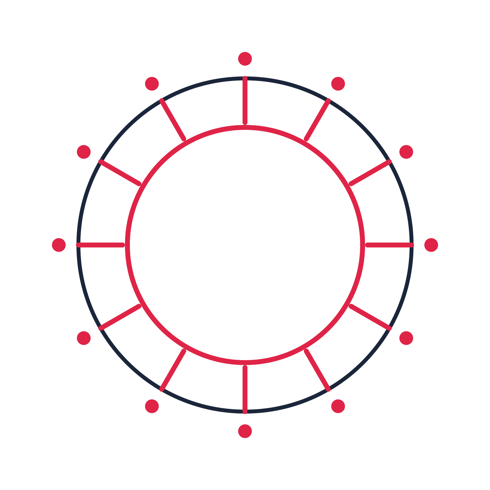 A circular emblem with 12 dot motifs, fine concentric rings and a spokes structure.