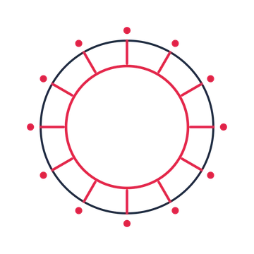 A circular emblem with 12 dot motifs, fine concentric rings and a spokes structure.