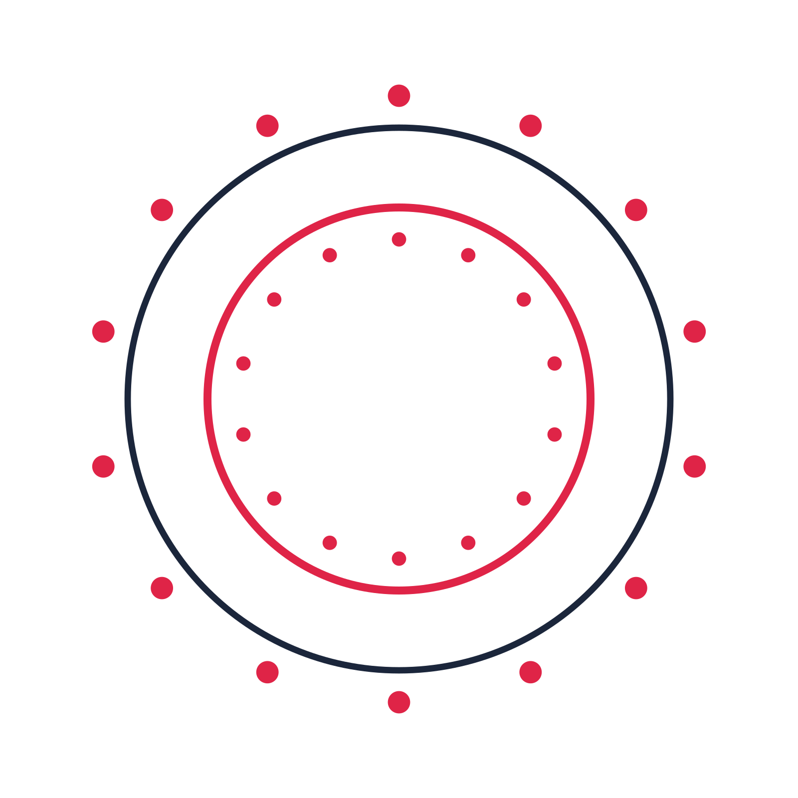 A circular emblem with 14 dot motifs, fine concentric rings and a double orbit structure.