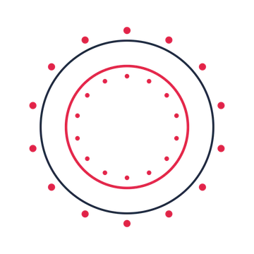 A circular emblem with 14 dot motifs, fine concentric rings and a double orbit structure.
