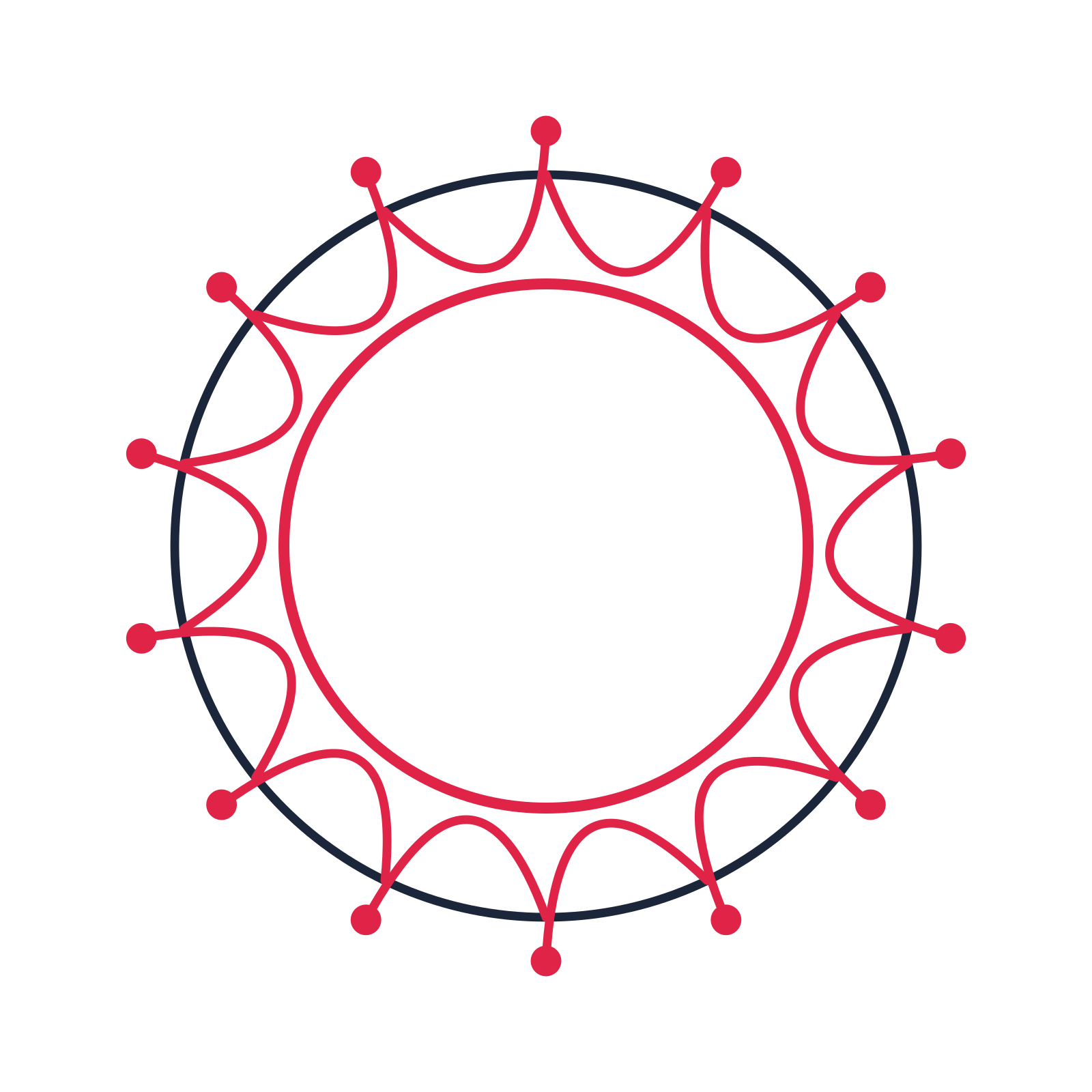 A circular emblem with 14 dot motifs, fine concentric rings and a interlaced structure.