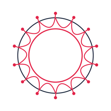 A circular emblem with 14 dot motifs, fine concentric rings and a interlaced structure.