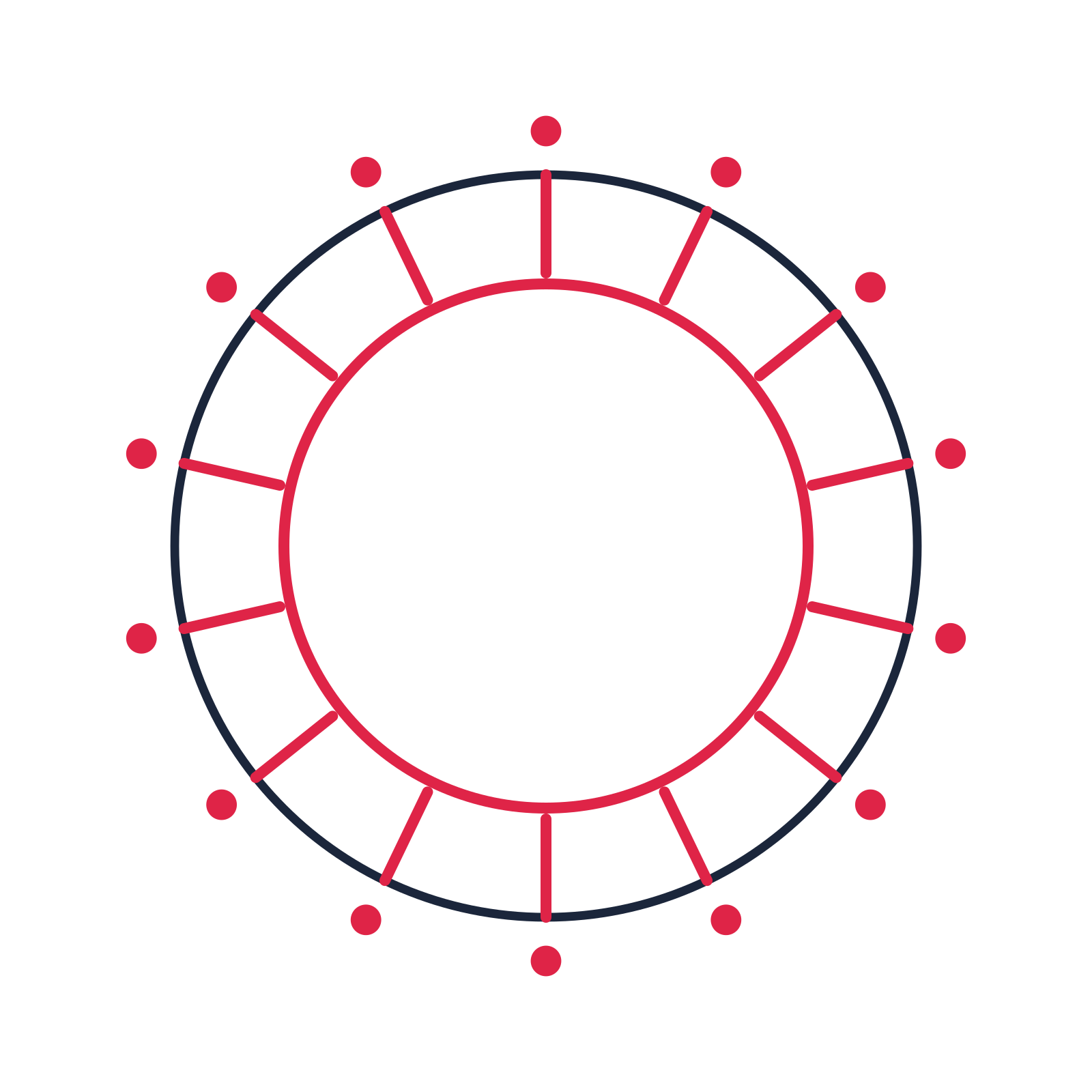 A circular emblem with 14 dot motifs, fine concentric rings and a spokes structure.