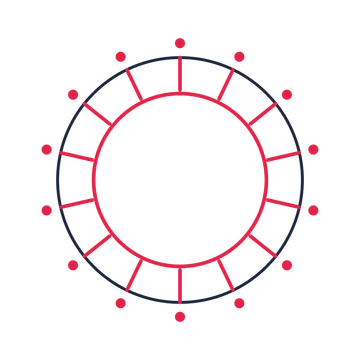 A circular emblem with 14 dot motifs, fine concentric rings and a spokes structure.