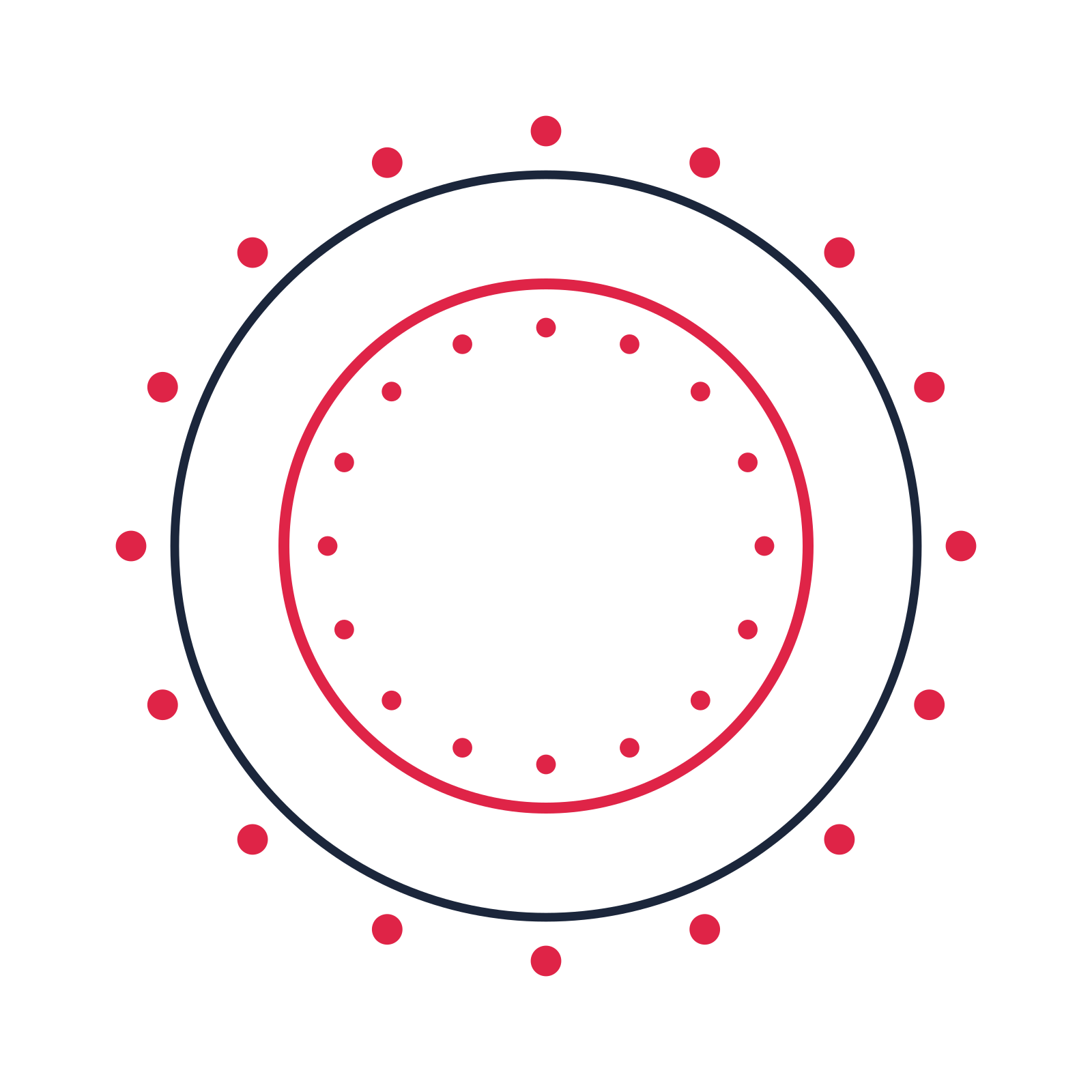 A circular emblem with 16 dot motifs, fine concentric rings and a double orbit structure.