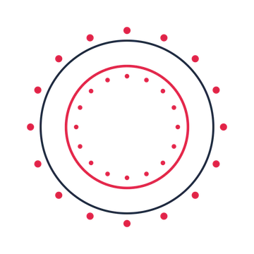 A circular emblem with 16 dot motifs, fine concentric rings and a double orbit structure.