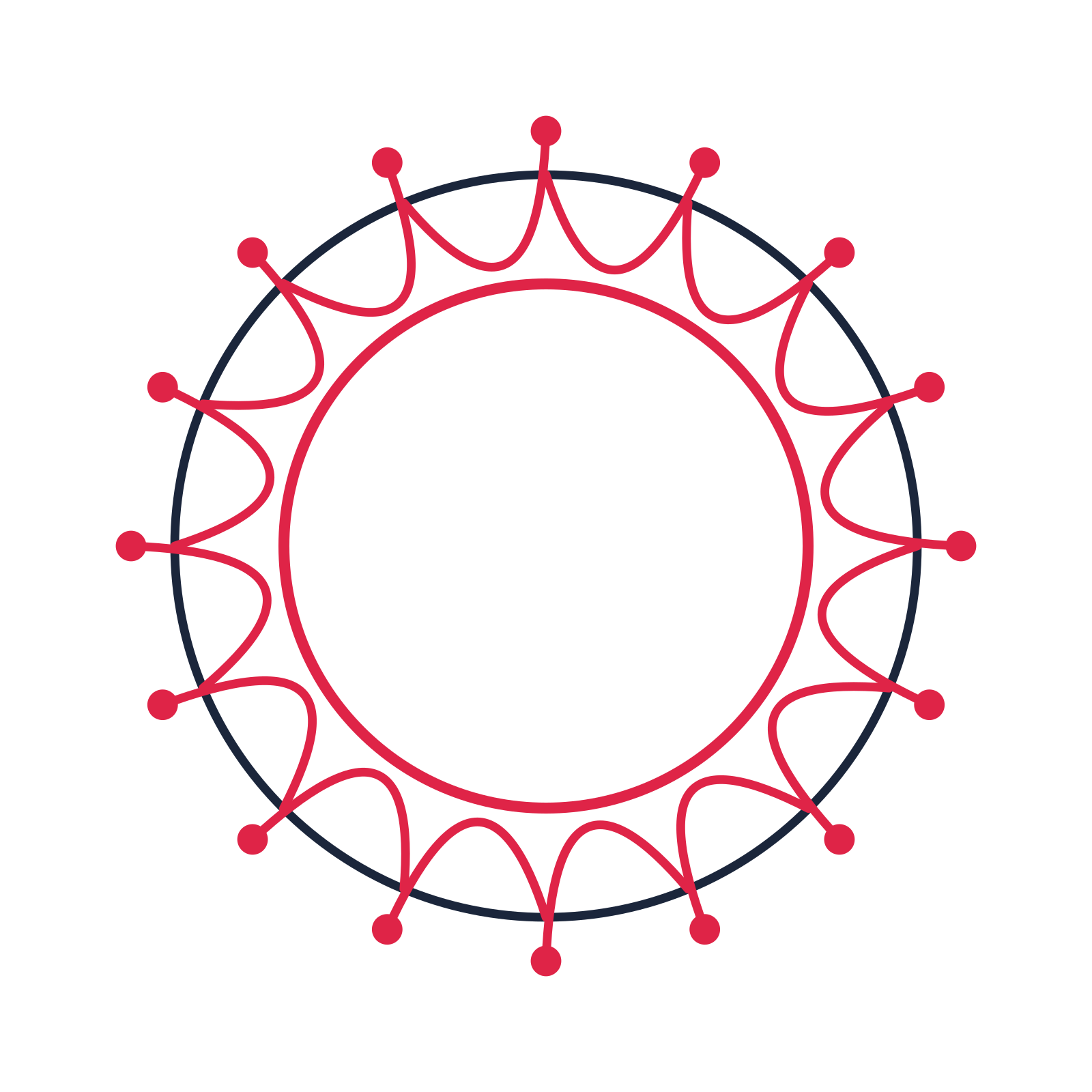A circular emblem with 16 dot motifs, fine concentric rings and a interlaced structure.