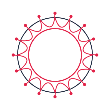 A circular emblem with 16 dot motifs, fine concentric rings and a interlaced structure.