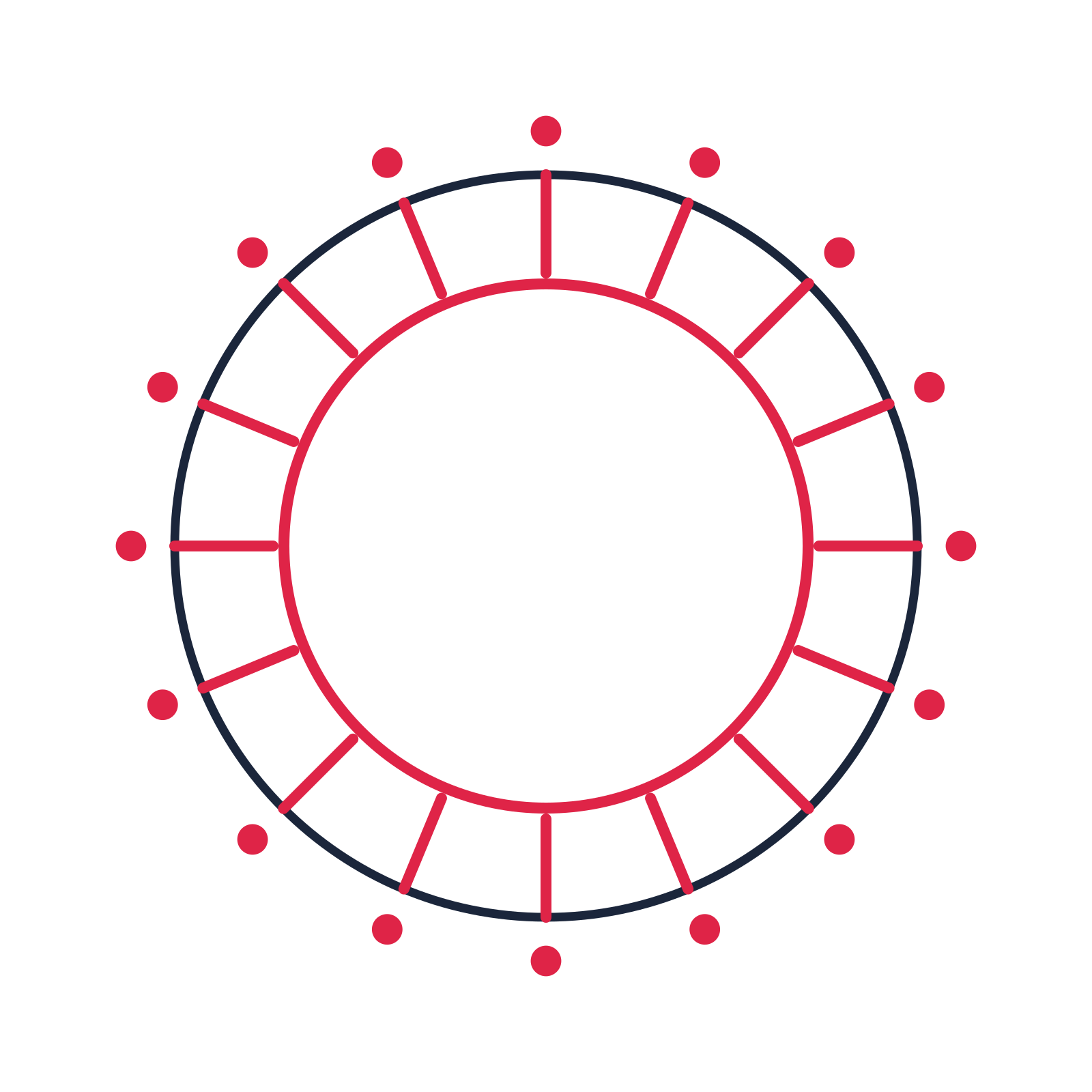 A circular emblem with 16 dot motifs, fine concentric rings and a spokes structure.