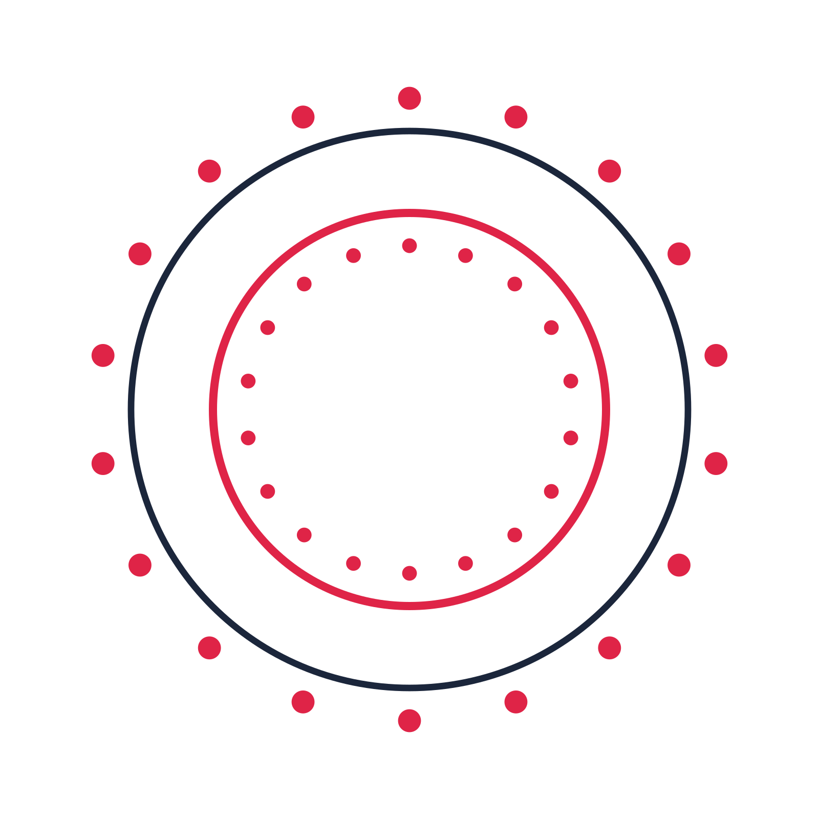 A circular emblem with 18 dot motifs, fine concentric rings and a double orbit structure.