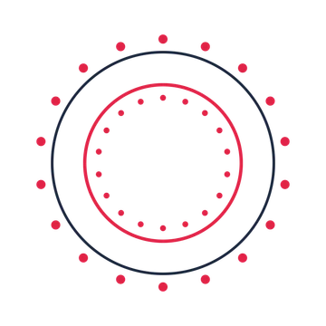 A circular emblem with 18 dot motifs, fine concentric rings and a double orbit structure.