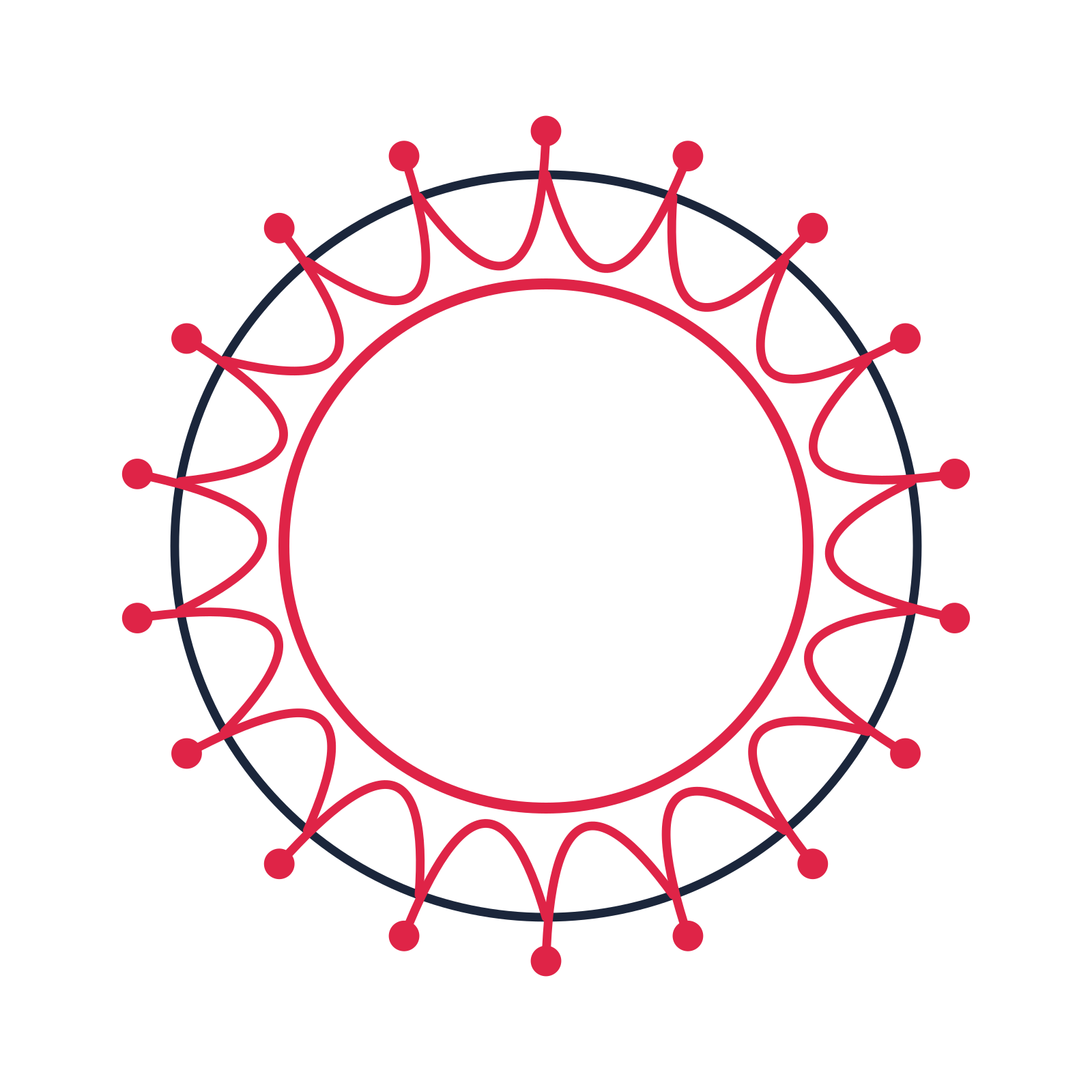 A circular emblem with 18 dot motifs, fine concentric rings and a interlaced structure.