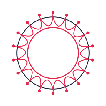 A circular emblem with 18 dot motifs, fine concentric rings and a interlaced structure.