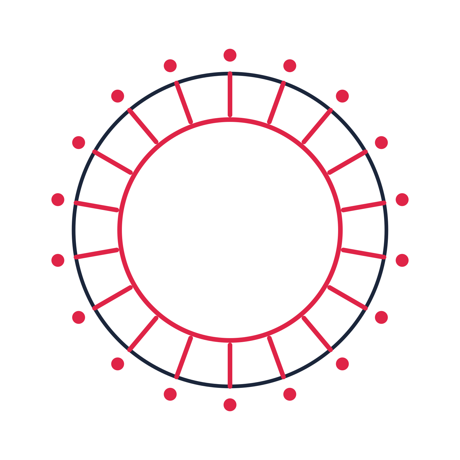 A circular emblem with 18 dot motifs, fine concentric rings and a spokes structure.