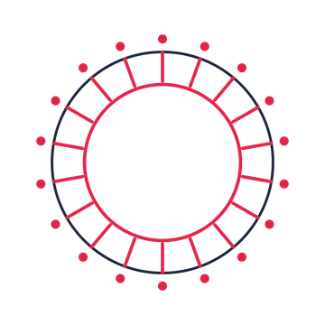 A circular emblem with 18 dot motifs, fine concentric rings and a spokes structure.