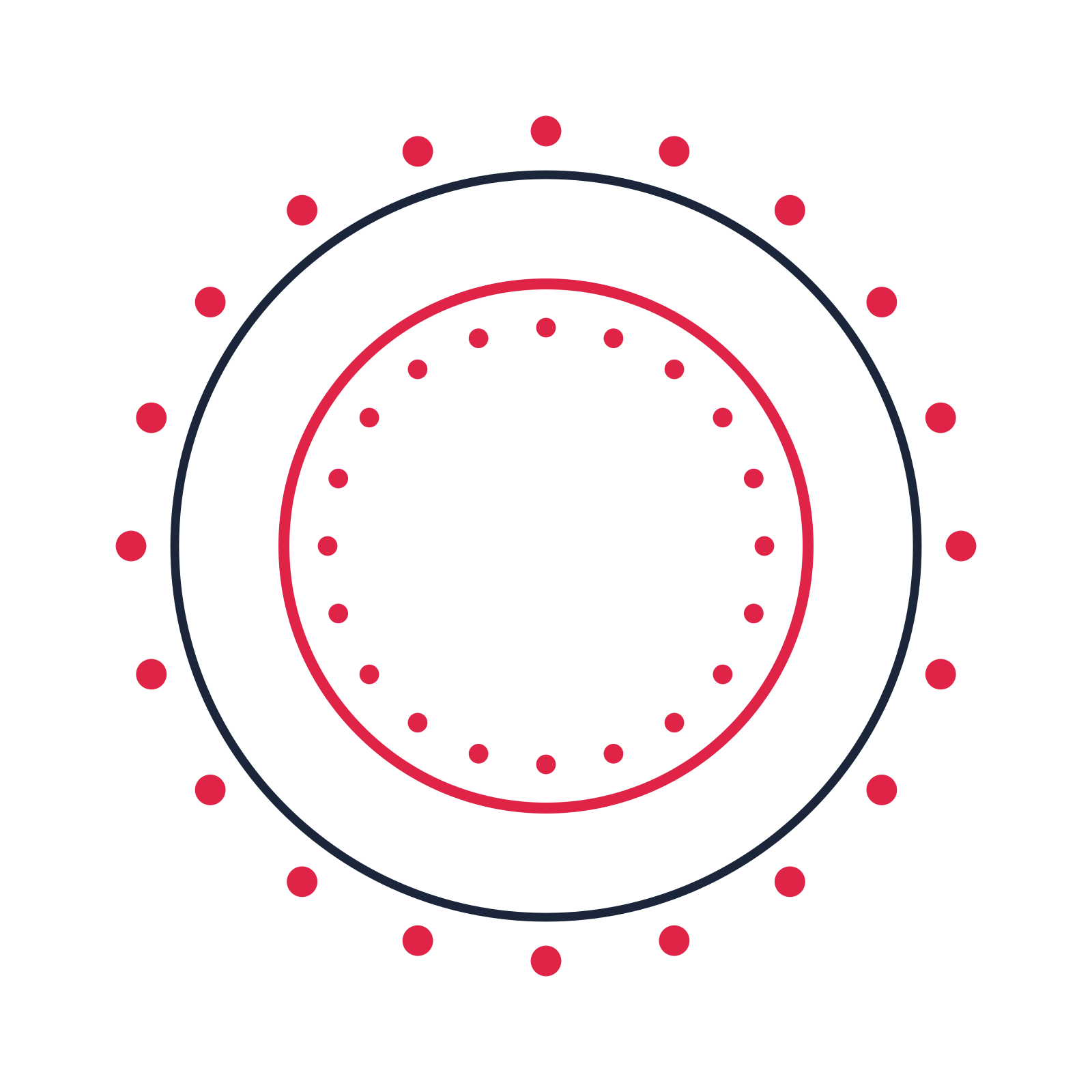 A circular emblem with 20 dot motifs, fine concentric rings and a double orbit structure.