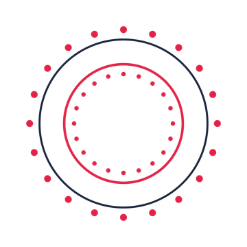 A circular emblem with 20 dot motifs, fine concentric rings and a double orbit structure.