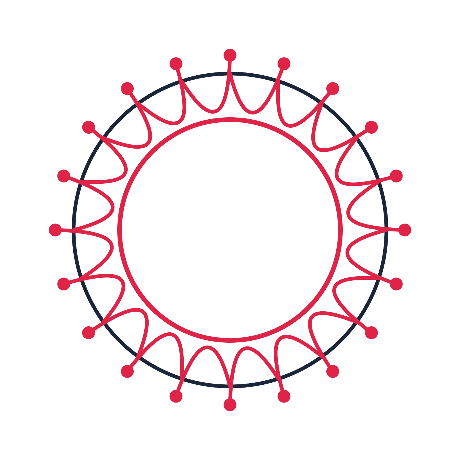 A circular emblem with 20 dot motifs, fine concentric rings and a interlaced structure.