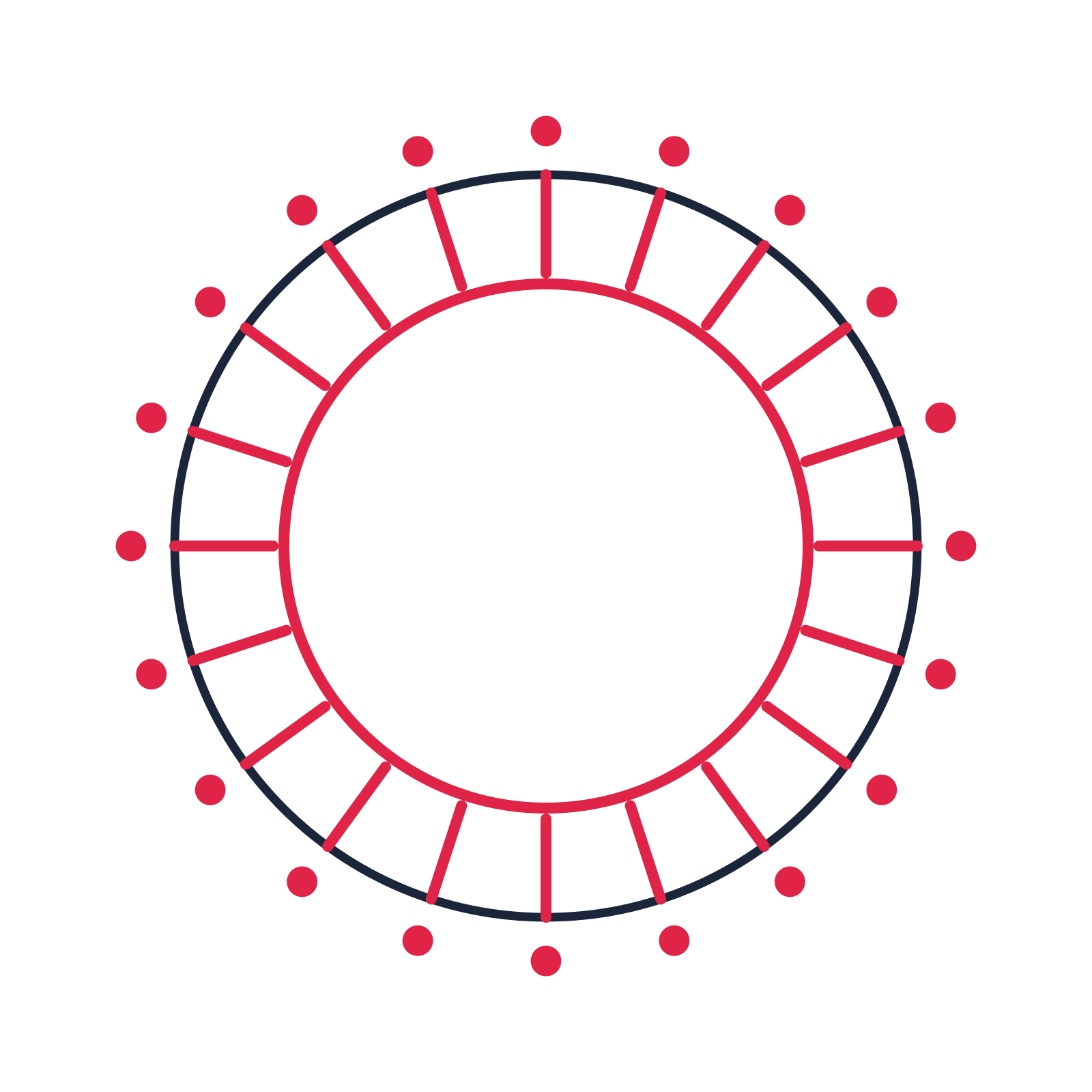 A circular emblem with 20 dot motifs, fine concentric rings and a spokes structure.