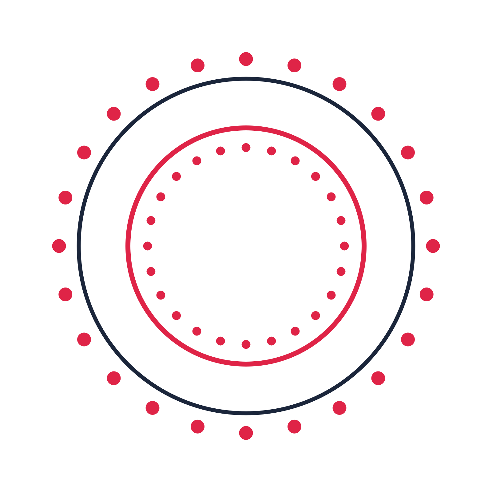A circular emblem with 24 dot motifs, fine concentric rings and a double orbit structure.