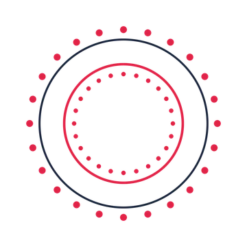 A circular emblem with 24 dot motifs, fine concentric rings and a double orbit structure.
