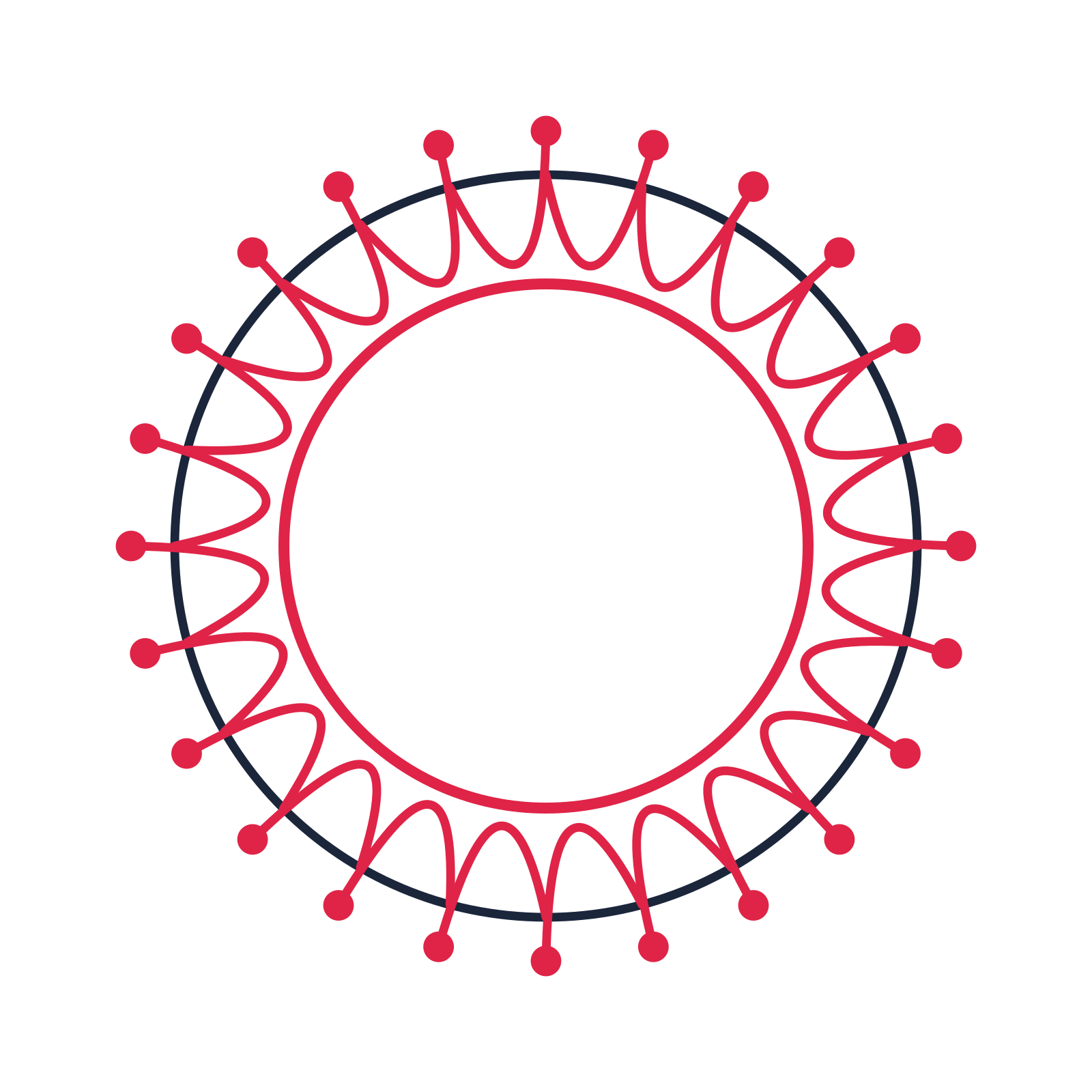 A circular emblem with 24 dot motifs, fine concentric rings and a interlaced structure.