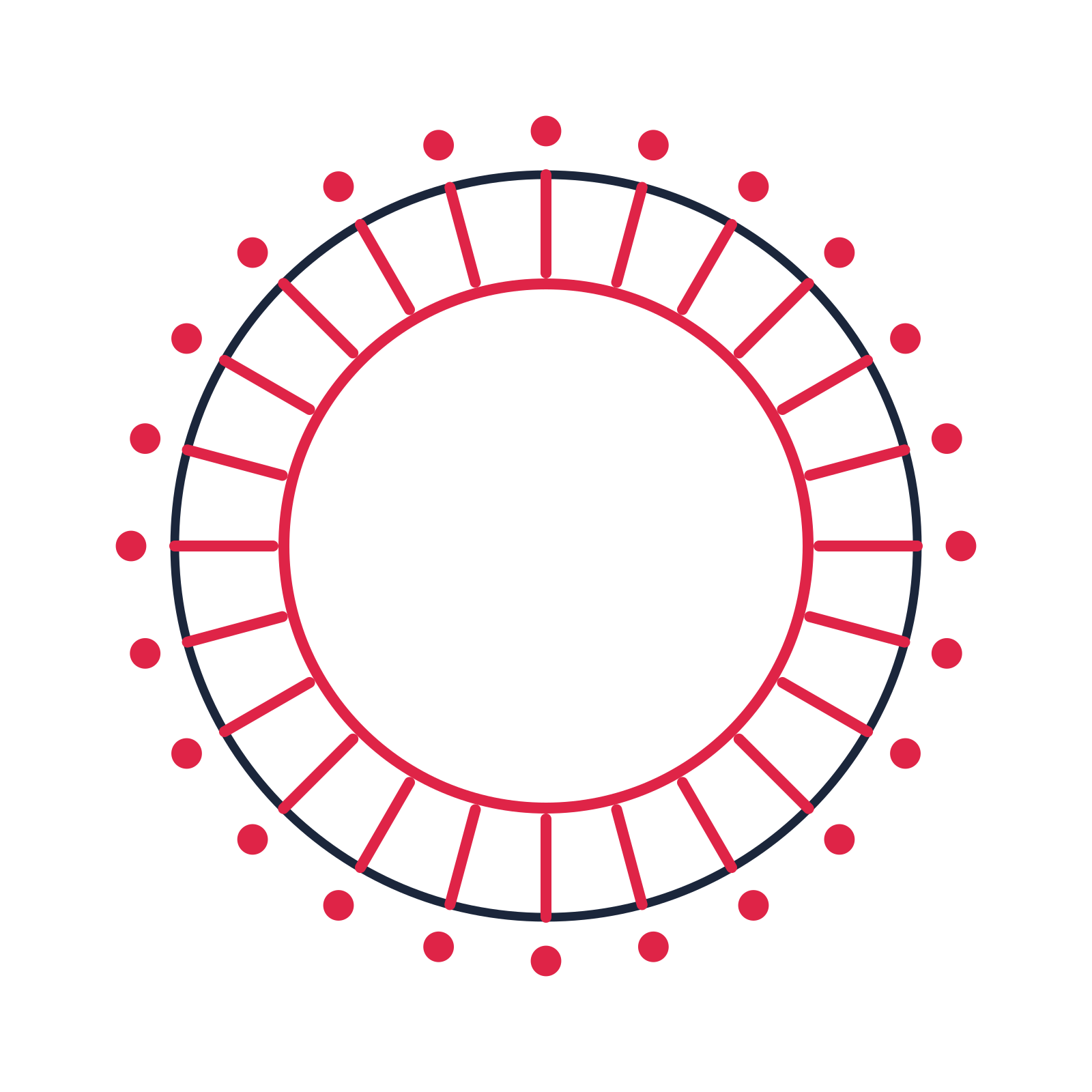 A circular emblem with 24 dot motifs, fine concentric rings and a spokes structure.