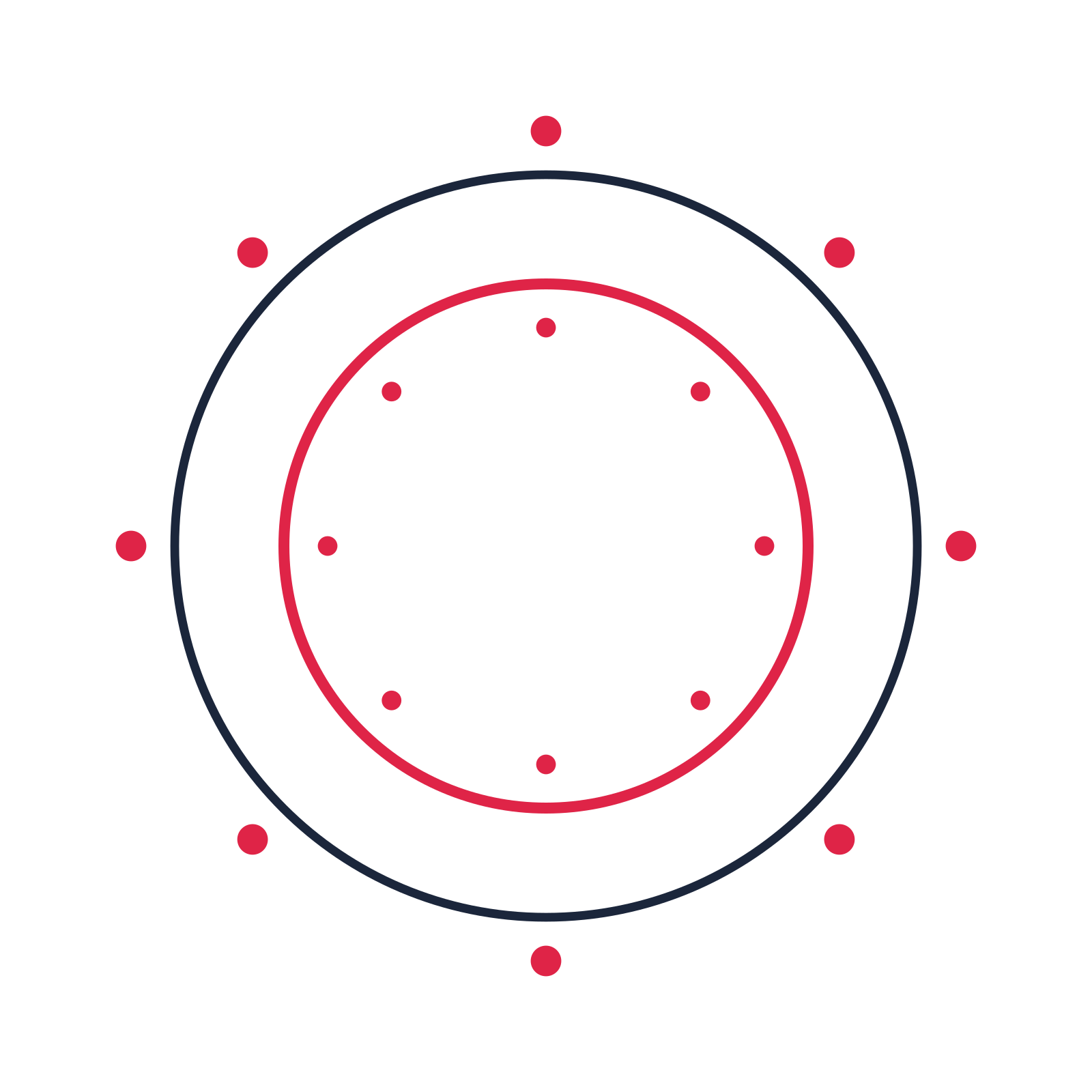 A circular emblem with 8 dot motifs, fine concentric rings and a double orbit structure.