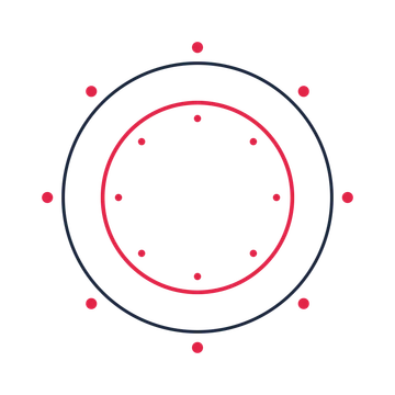 A circular emblem with 8 dot motifs, fine concentric rings and a double orbit structure.