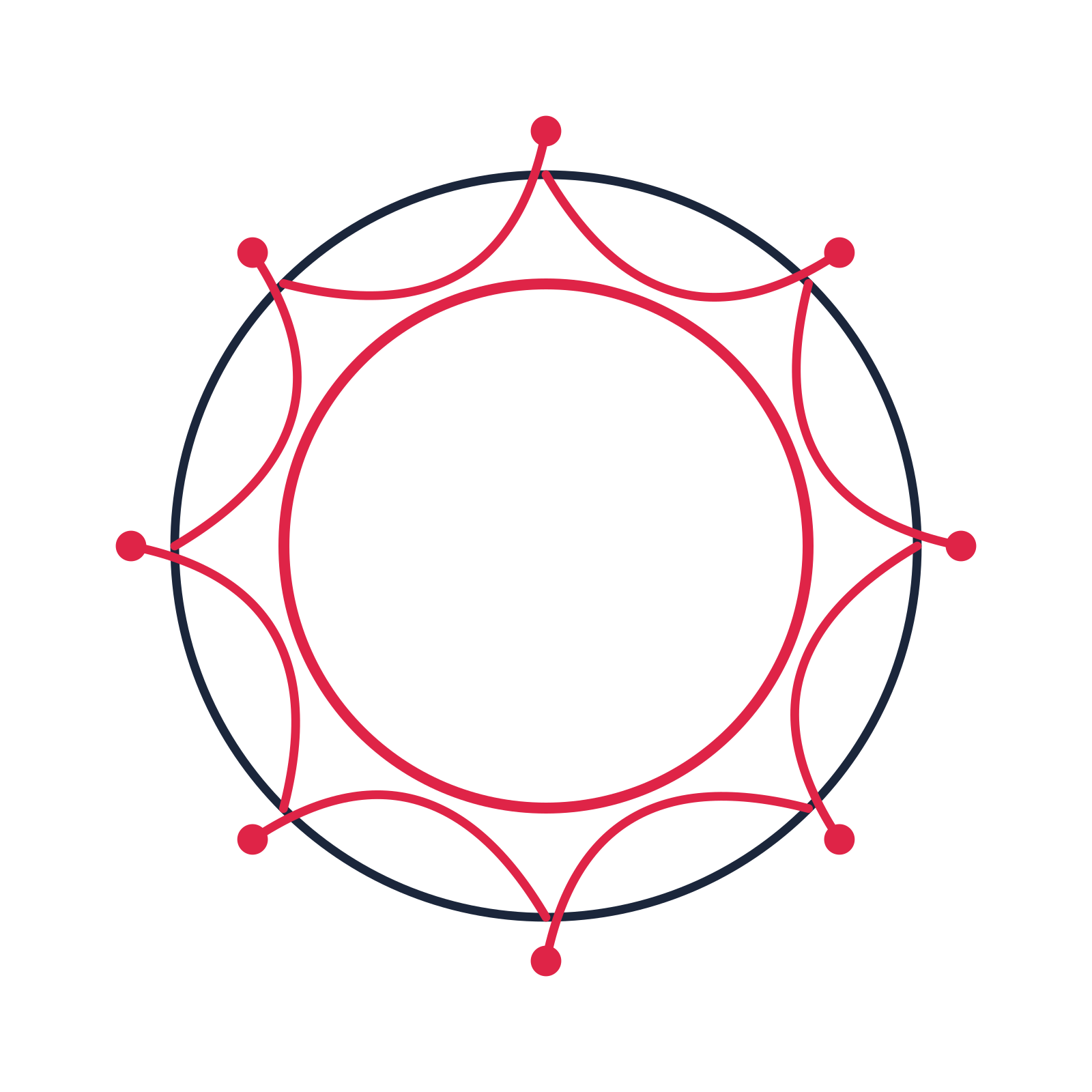 A circular emblem with 8 dot motifs, fine concentric rings and a interlaced structure.