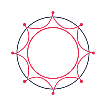 A circular emblem with 8 dot motifs, fine concentric rings and a interlaced structure.