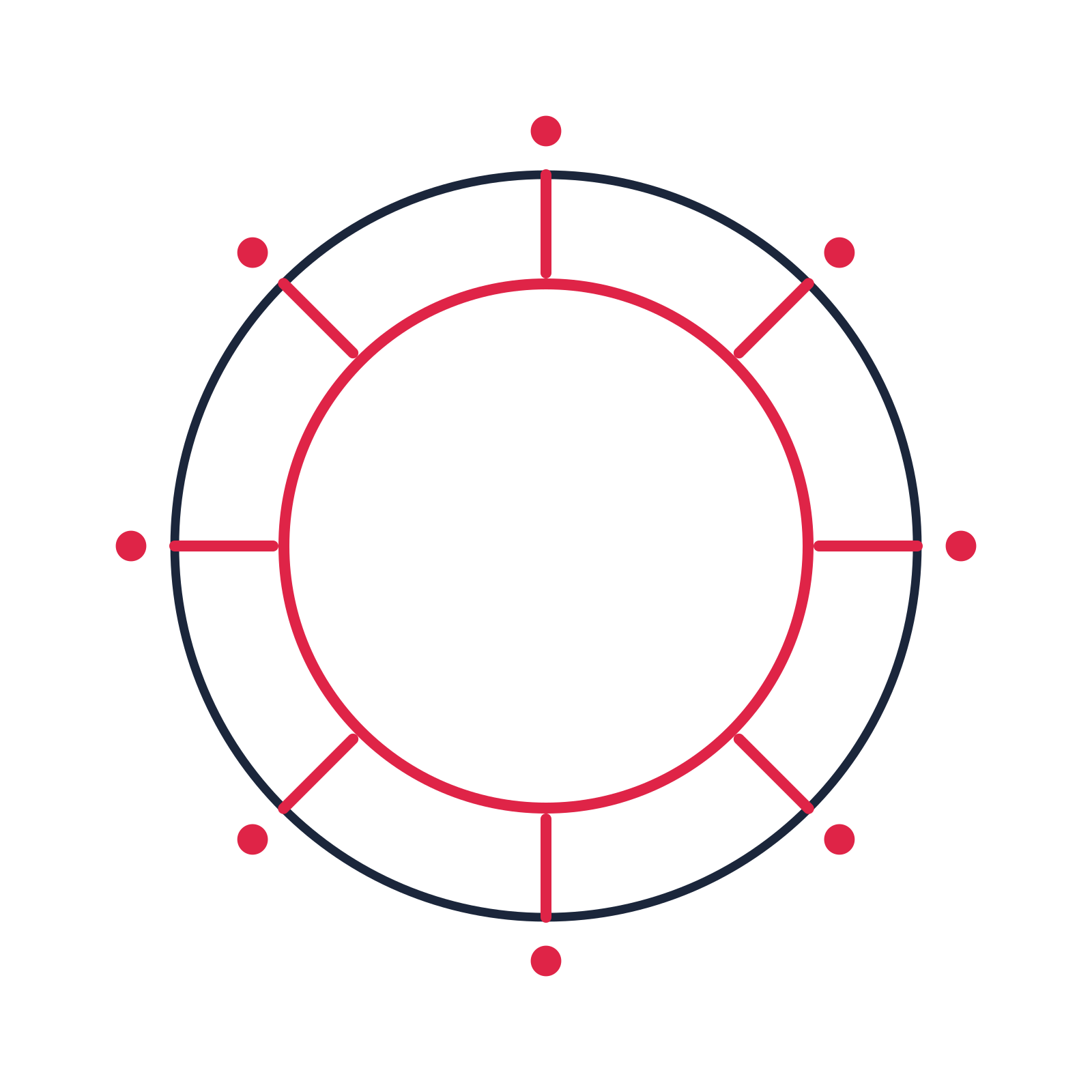 A circular emblem with 8 dot motifs, fine concentric rings and a spokes structure.
