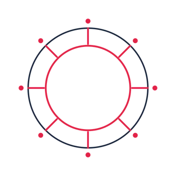A circular emblem with 8 dot motifs, fine concentric rings and a spokes structure.