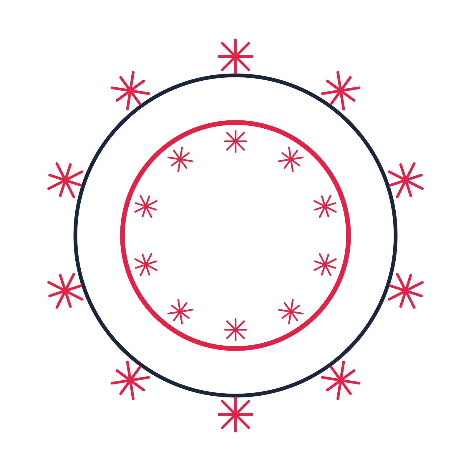 A circular emblem with 10 fan motifs, fine concentric rings and a double orbit structure.