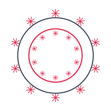 A circular emblem with 10 fan motifs, fine concentric rings and a double orbit structure.