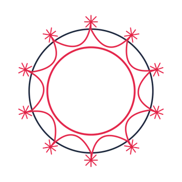 A circular emblem with 10 fan motifs, fine concentric rings and a interlaced structure.