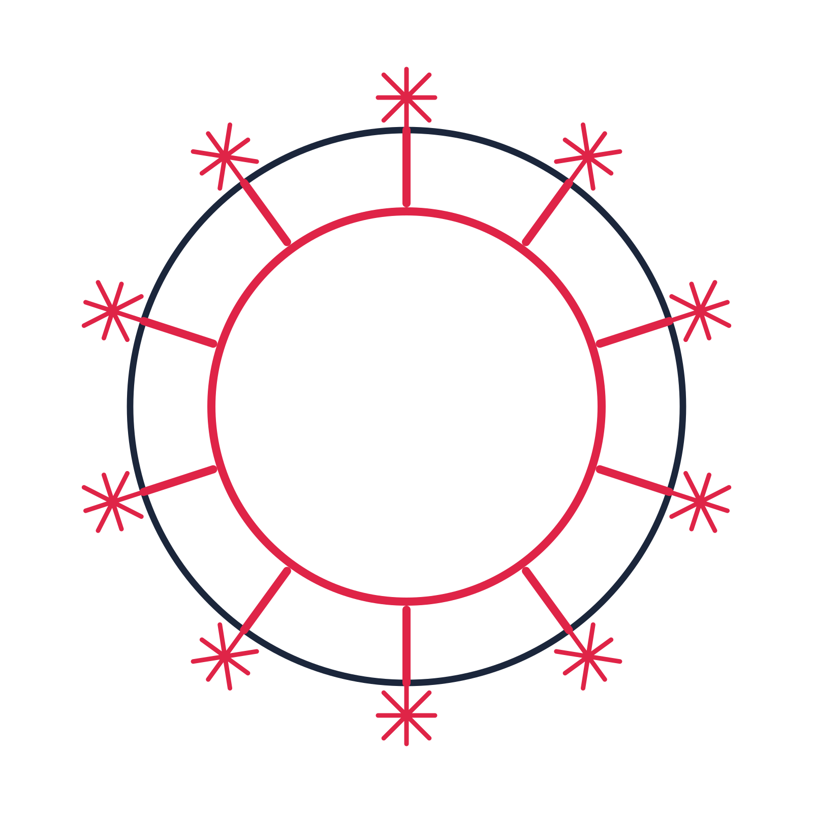 A circular emblem with 10 fan motifs, fine concentric rings and a spokes structure.